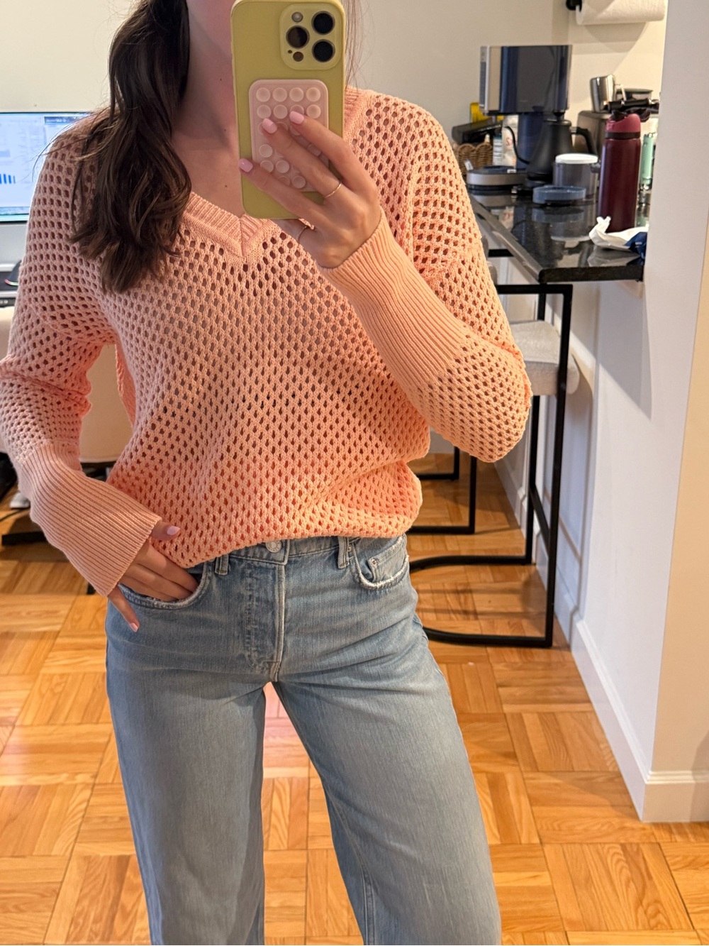 DKNYC Peach Open-Knit V-Neck Pullover